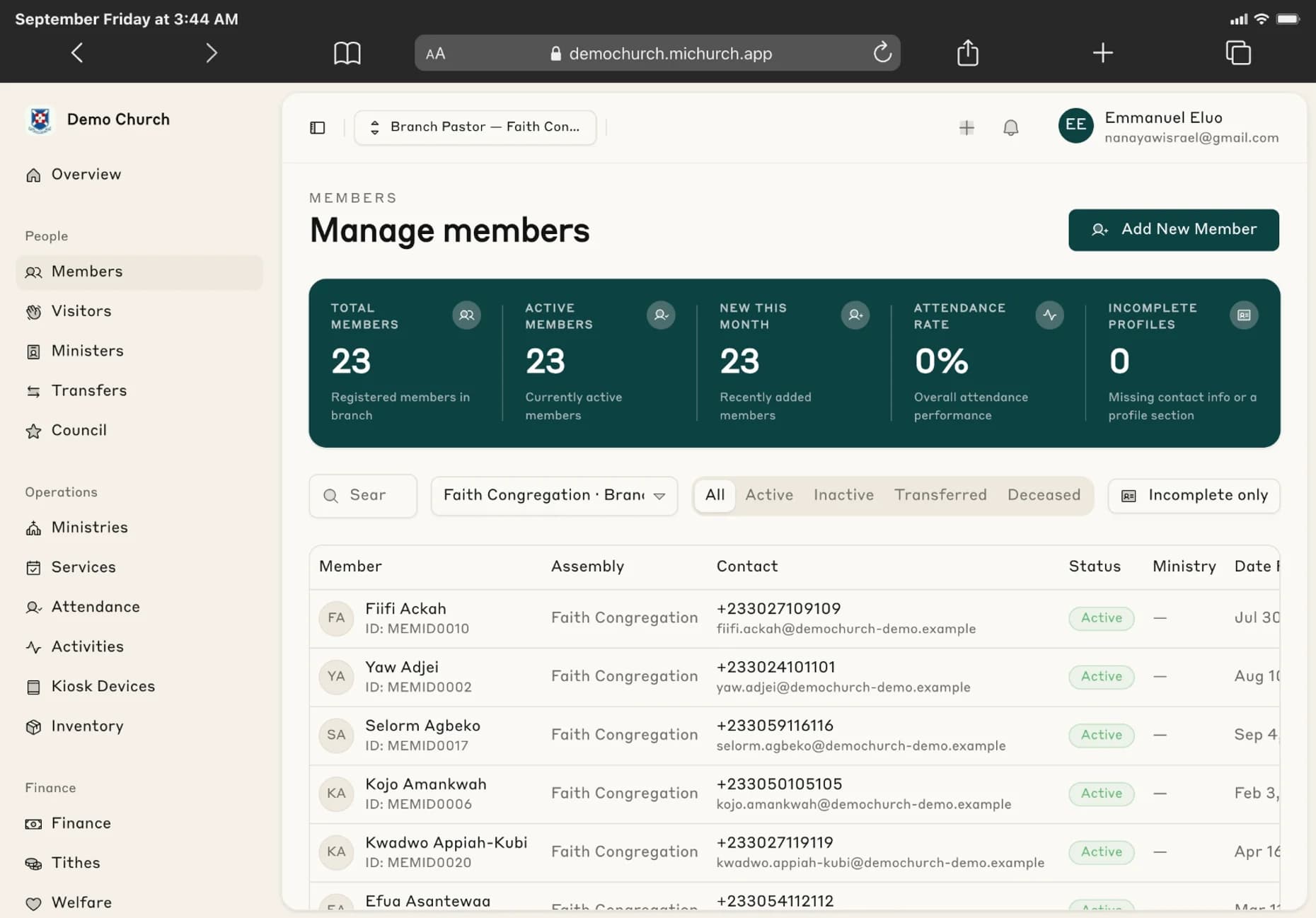 miChurch App dashboard
